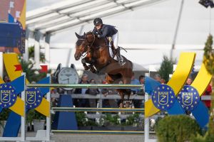 De flipper RV (Flipper 'd elle x Emilion) met amazone Petronella Andersson als 7e geëindigd op de Wereldkampioenschappen jonge springpaarden in Lanaken 2015.